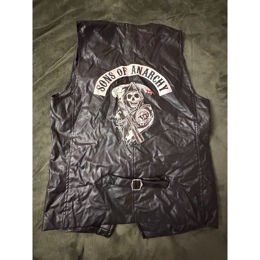Black Motorcycle Biker Vest Mens Size L Faux Leather Custom Back Patch